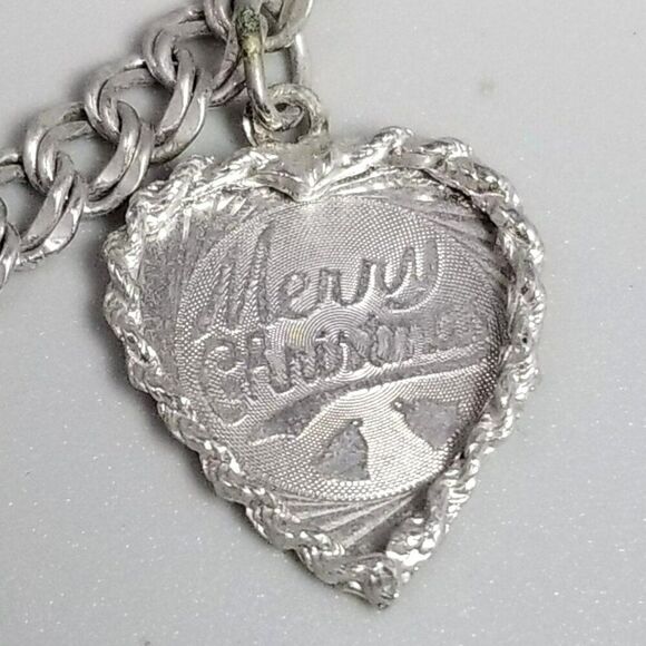 Vintage Elco Sterling Silver Merry Christmas Dove Charm Bracelet, Double Link - Picture 1 of 10